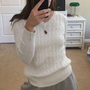 white cable knit sweater